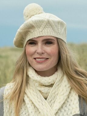 John Molloy Virgin Wool Irish Cable Knit Pom Pom Beret Hat - Cream White